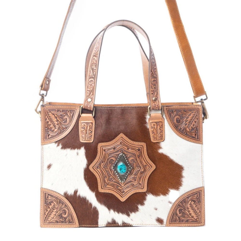Western Tote Bag Tooled Leather and Hairon Leather Concealed Carry